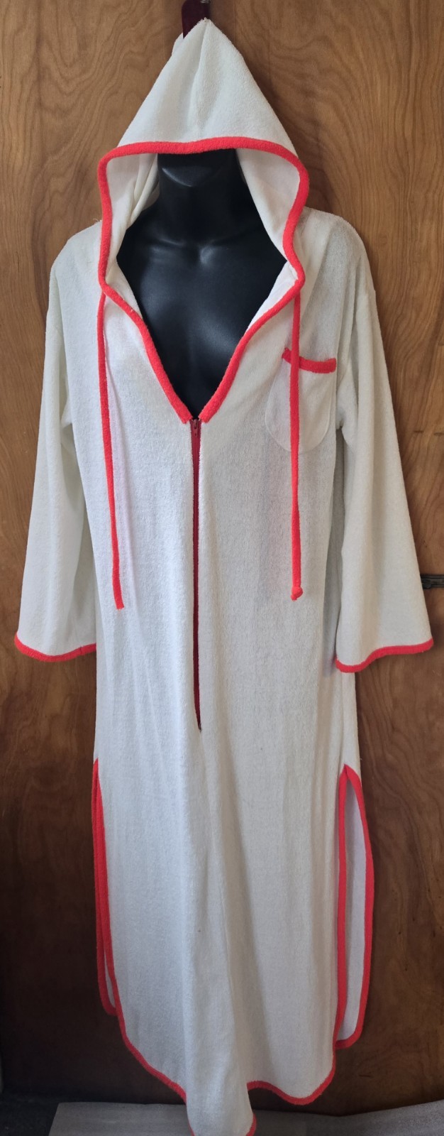 Vintage 1980s Terrycloth Beach Cover Up Robe Hood White Maxi Orange Trim Zip