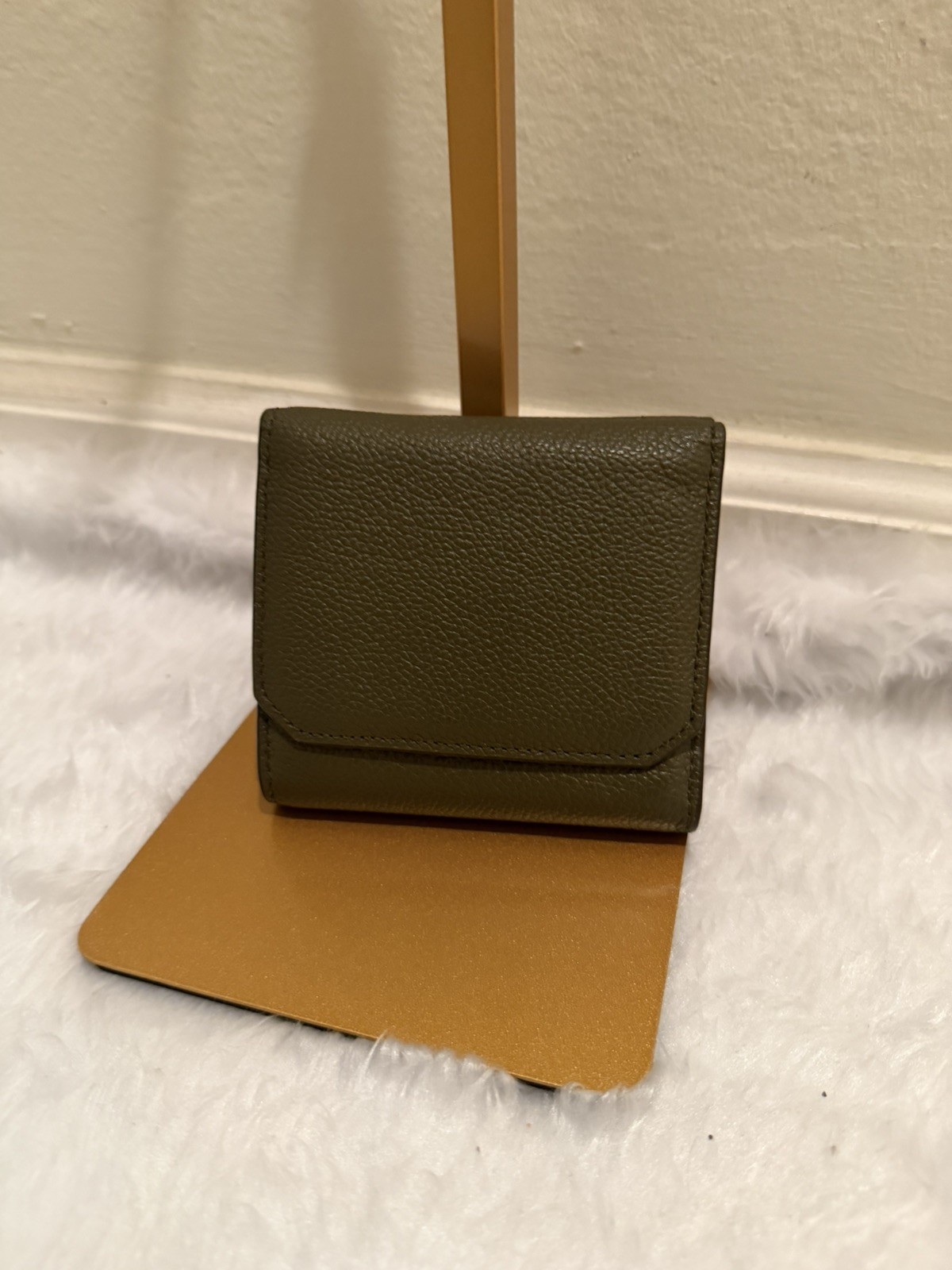 Michael Kors Hayes Small Tri-Fold Wallet Olive Green Pebbled Leather Gold Logo