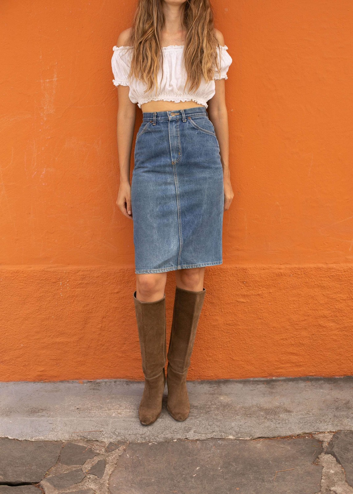 Vintage High Waist Denim Skirt by Rifle, Classic Blue Jean 80s 90s Fashion, Smal