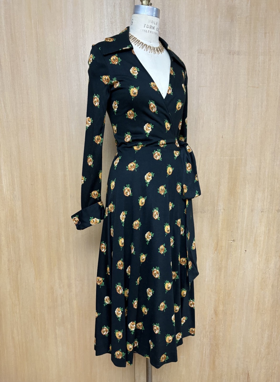 Vintage 1970s Diane Von Furstenberg DVF Black Floral Jersey Wrap Dress S