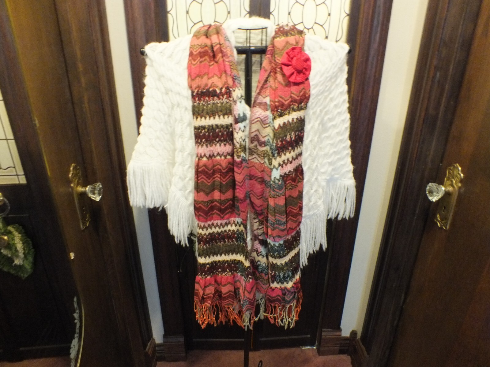 Upcycled Repurposed Scarf Multi Handmade Removeable Flower Pin 70+3″ Fringe x9″