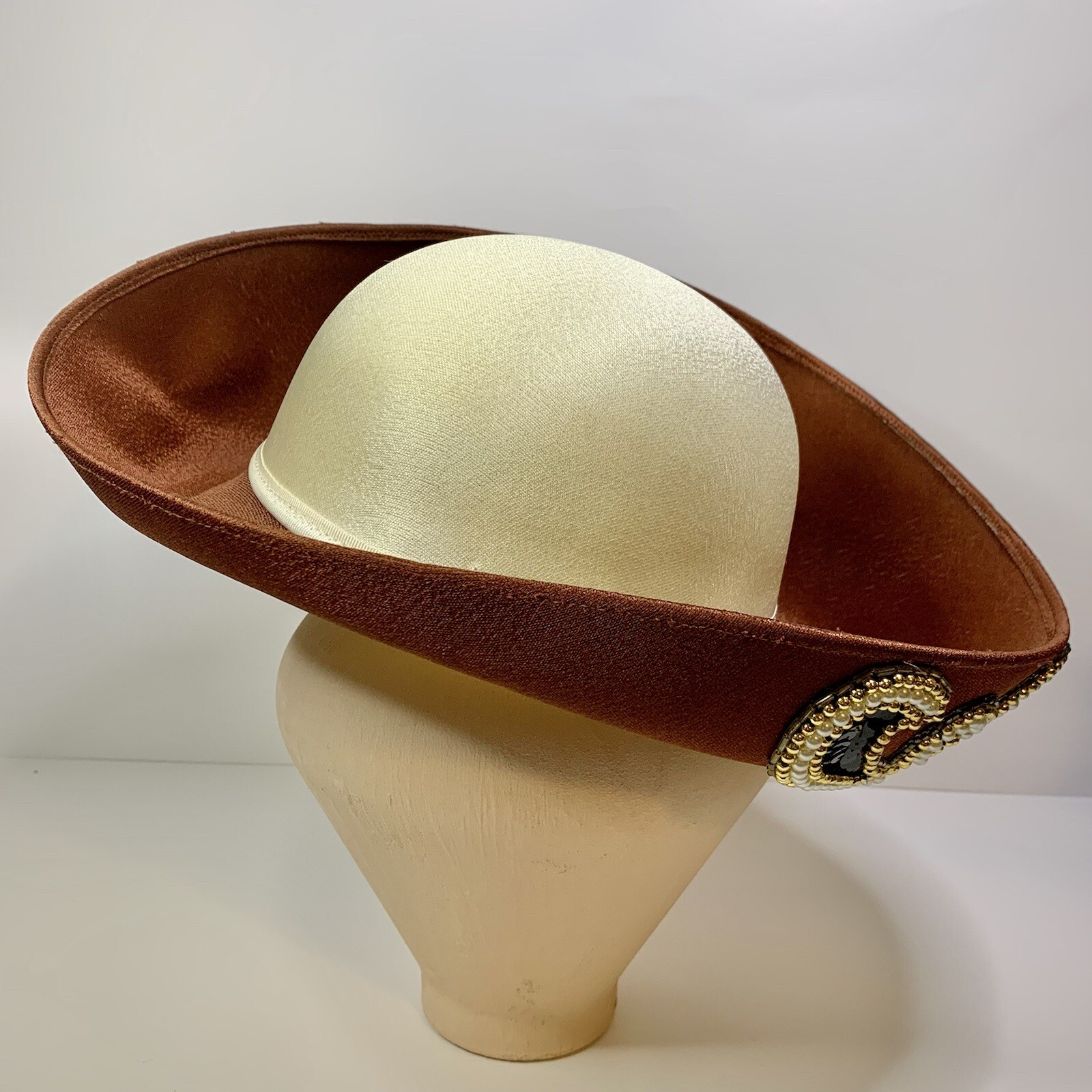 Vintage Fashion Hat Ivory Brown Sequins Derby Church Style Fancy Beautiful