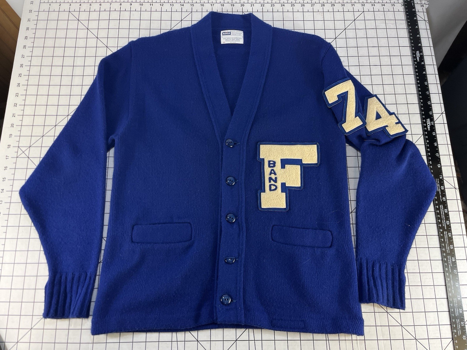 Vintage 60s 70s Cardigan Band Surf School Sports Sweater Jacket Letterman Blue