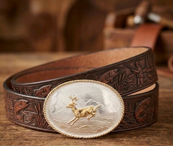 Montana Silversmiths Belt Size 38 Tooled Leather Fish Motif Deer Buckle Western