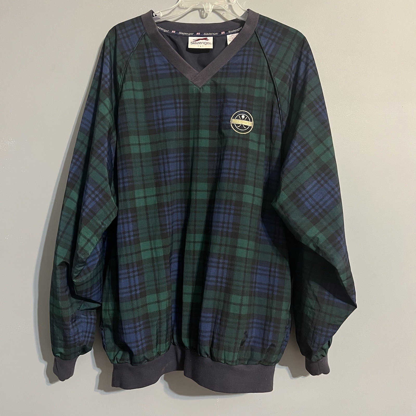 Slazenger Vintage Windbreaker Pullover Tartan Green Blue Plaid Sz L PGA National