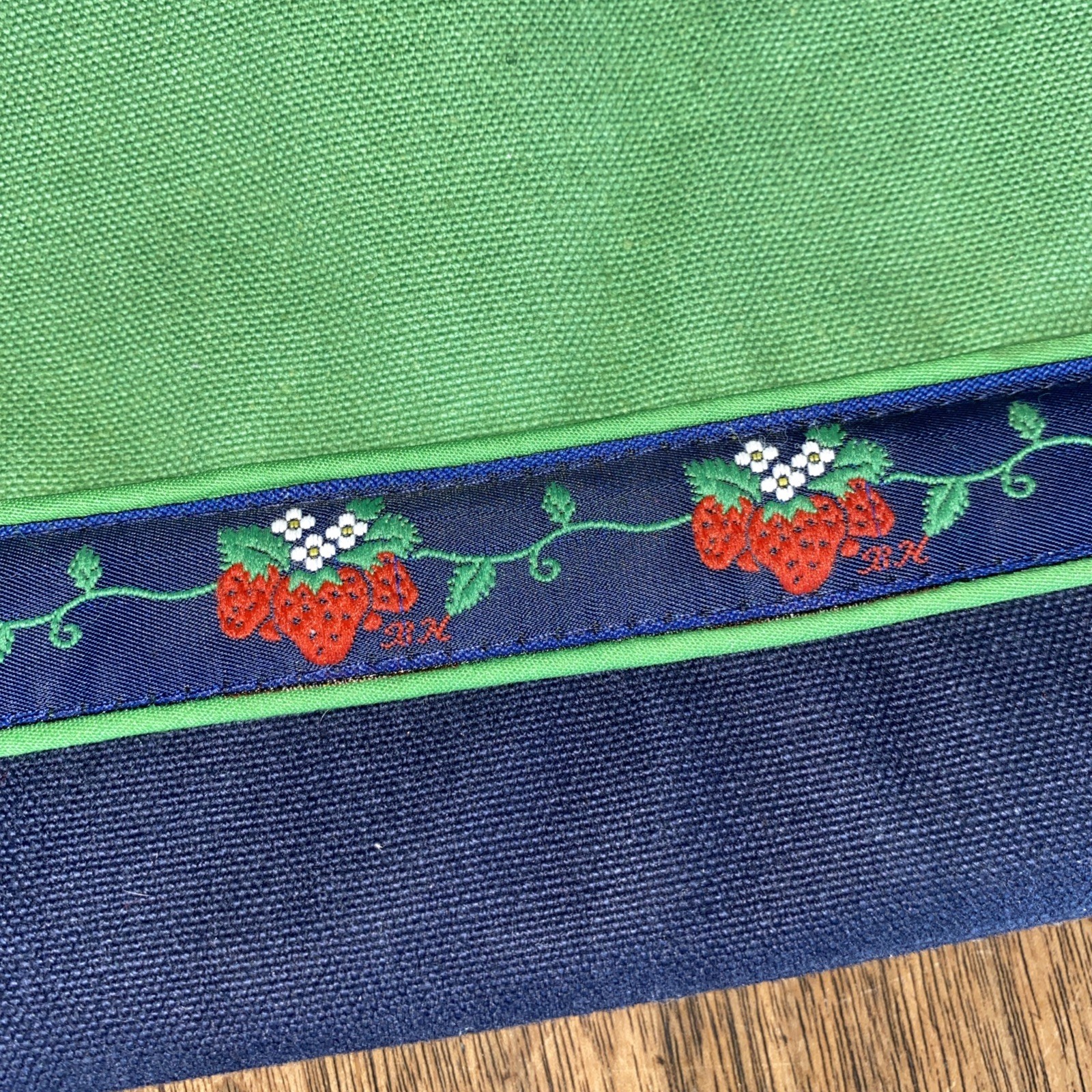 Vintage Canvas Makeup Zipper Bag 2.5 X 7.5 X 12 Blue Green Strawberry Ribbon