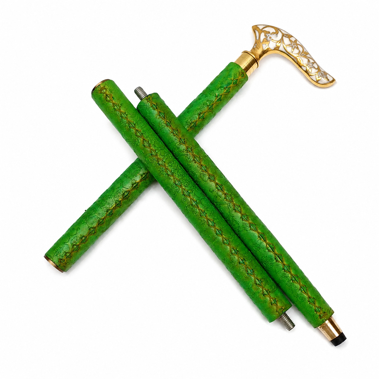 Handcrafted Green Walking Cane Brass Handle Decorative Walking Stick Gift