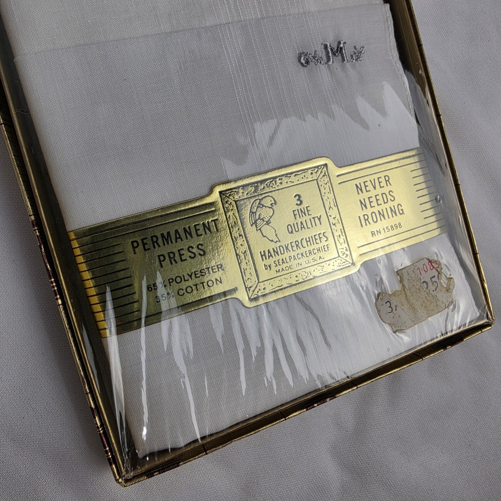 Vintage Mens Handkerchiefs Perm Press No Iron 1 Set Of 3 M Monogram Grandpa NOS
