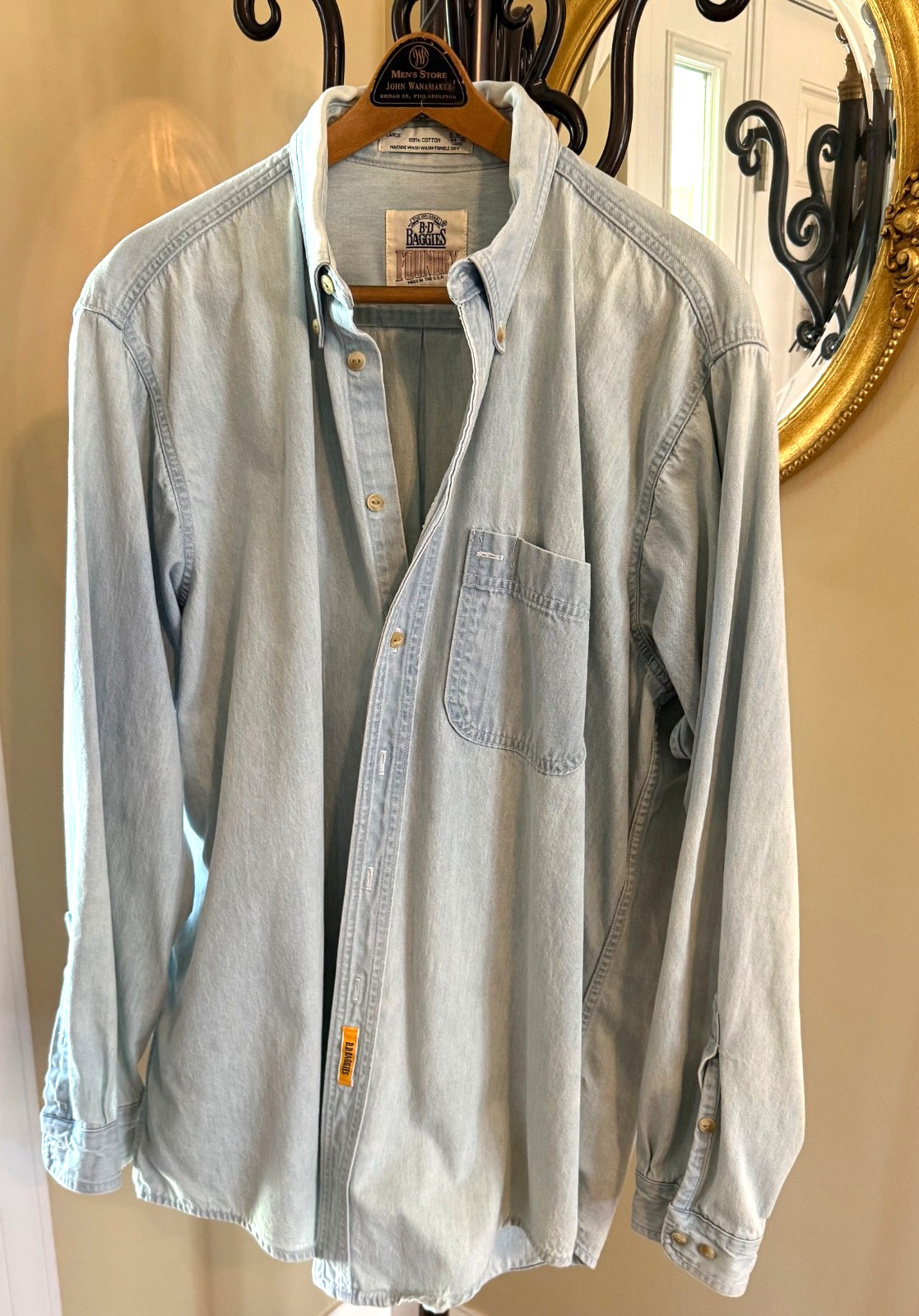 BD BAGGIES FOUNDRY Vtg ’90s Blue Denim Chambray Long Sleeve Shirt USA Made Sz L