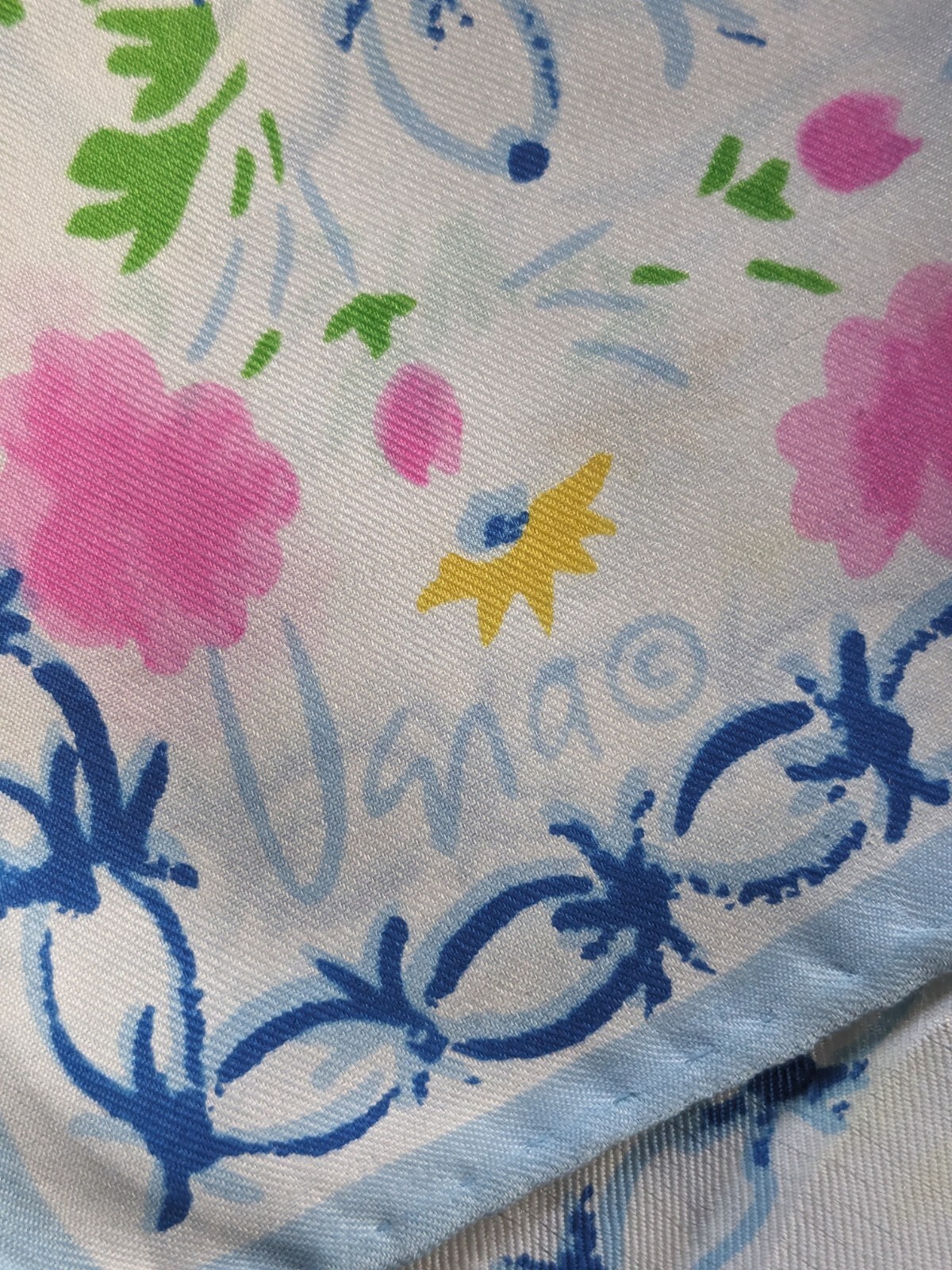 Vintage Vera Long Rectangle Scarf White, Lt Blue, Indigo, Yellow, Pink, Floral