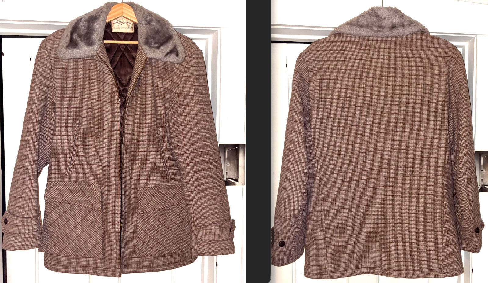 Vtg 40/50s CHIPPEWA Woolen Mills Wis. Beige/Cream Tweed Plaid Wool Jacket Atomic