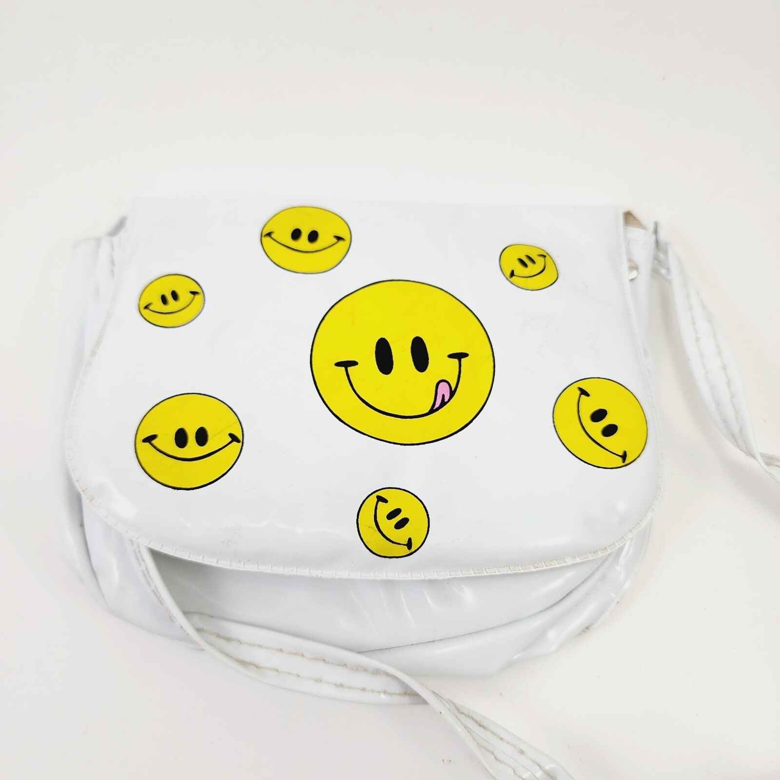 Vintage Smiley Happy Face Emoji Vinyl White Purse w Strap Hand Bag 1980s 1990s