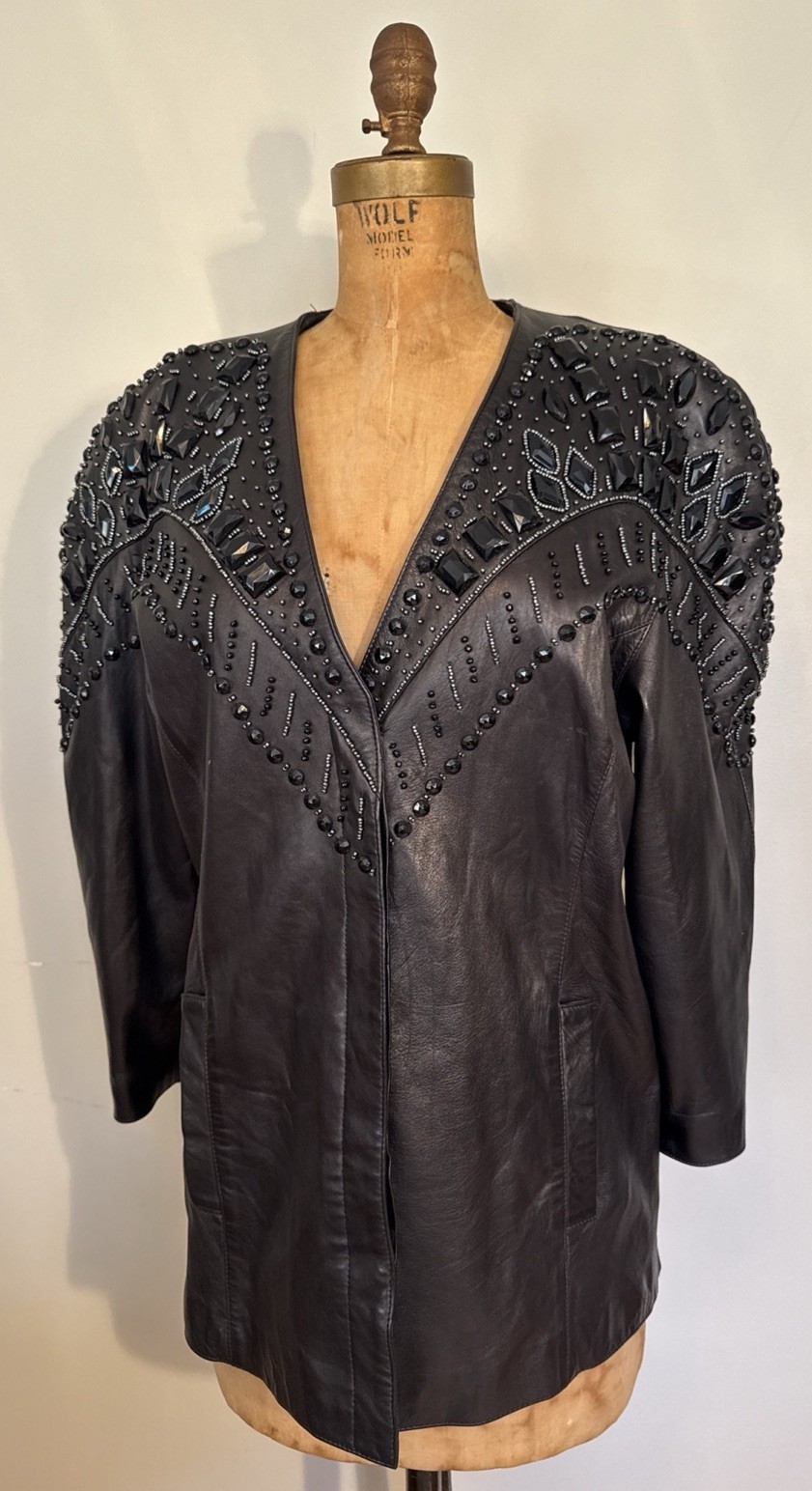 Vtg 1980s Nancy Heller Crystal Studded Black Leather Jacket Glam Western Cowgirl
