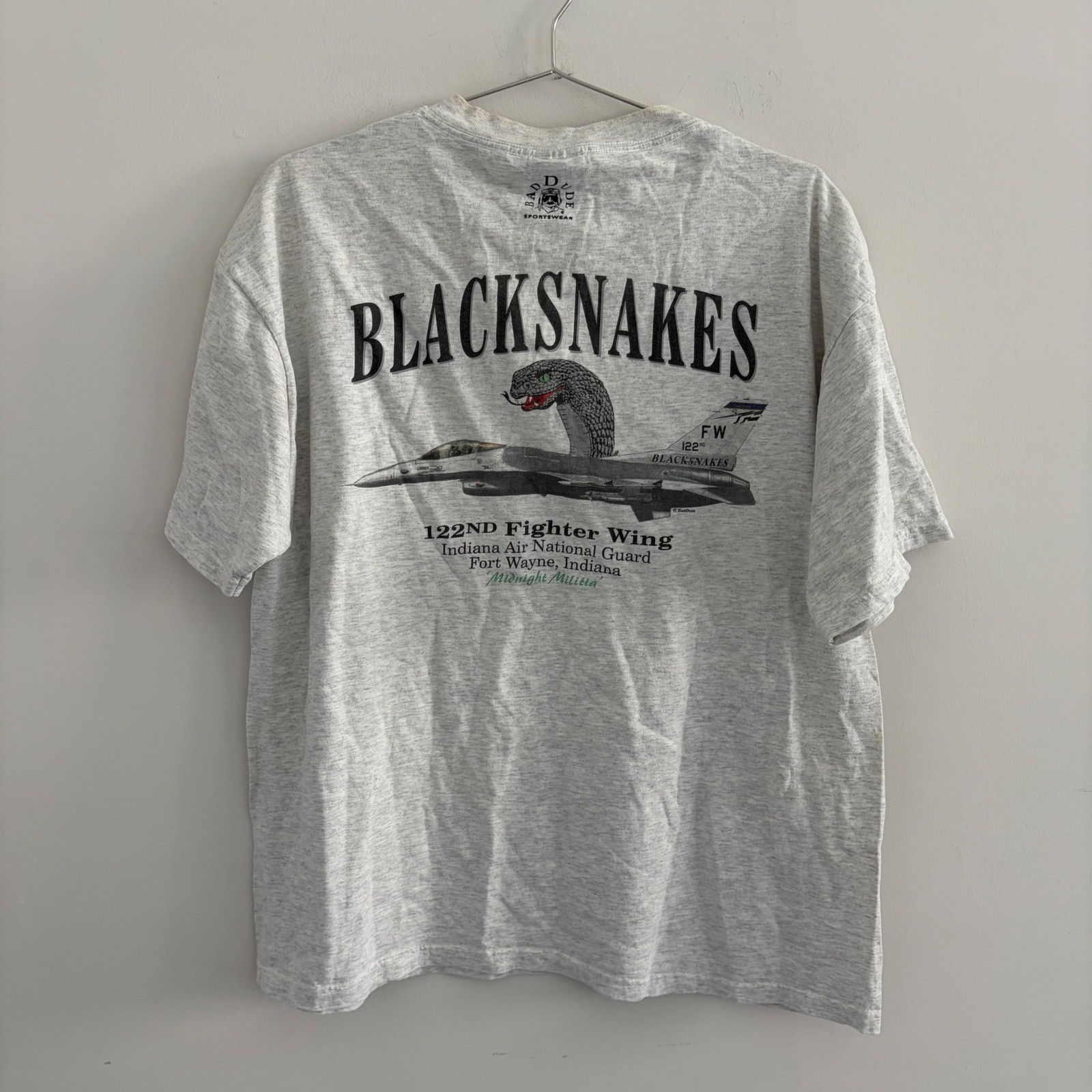 Vintage Oneita Blacksnakes 122nd Fighter Wing T Shirt Mens XL Gray F-16 Indiana
