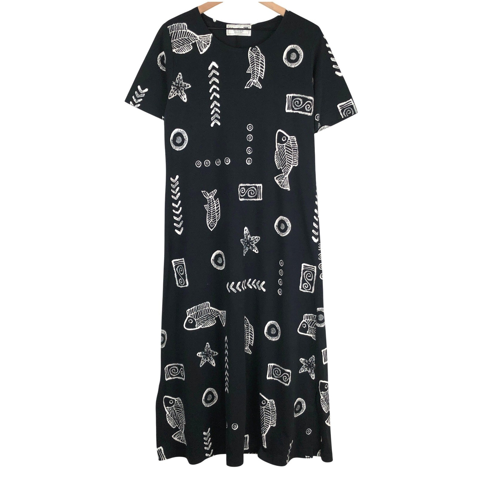 VTG Studio G Starfish Nautical Maxi Dress Sz L Black White Knit S/S USA Made