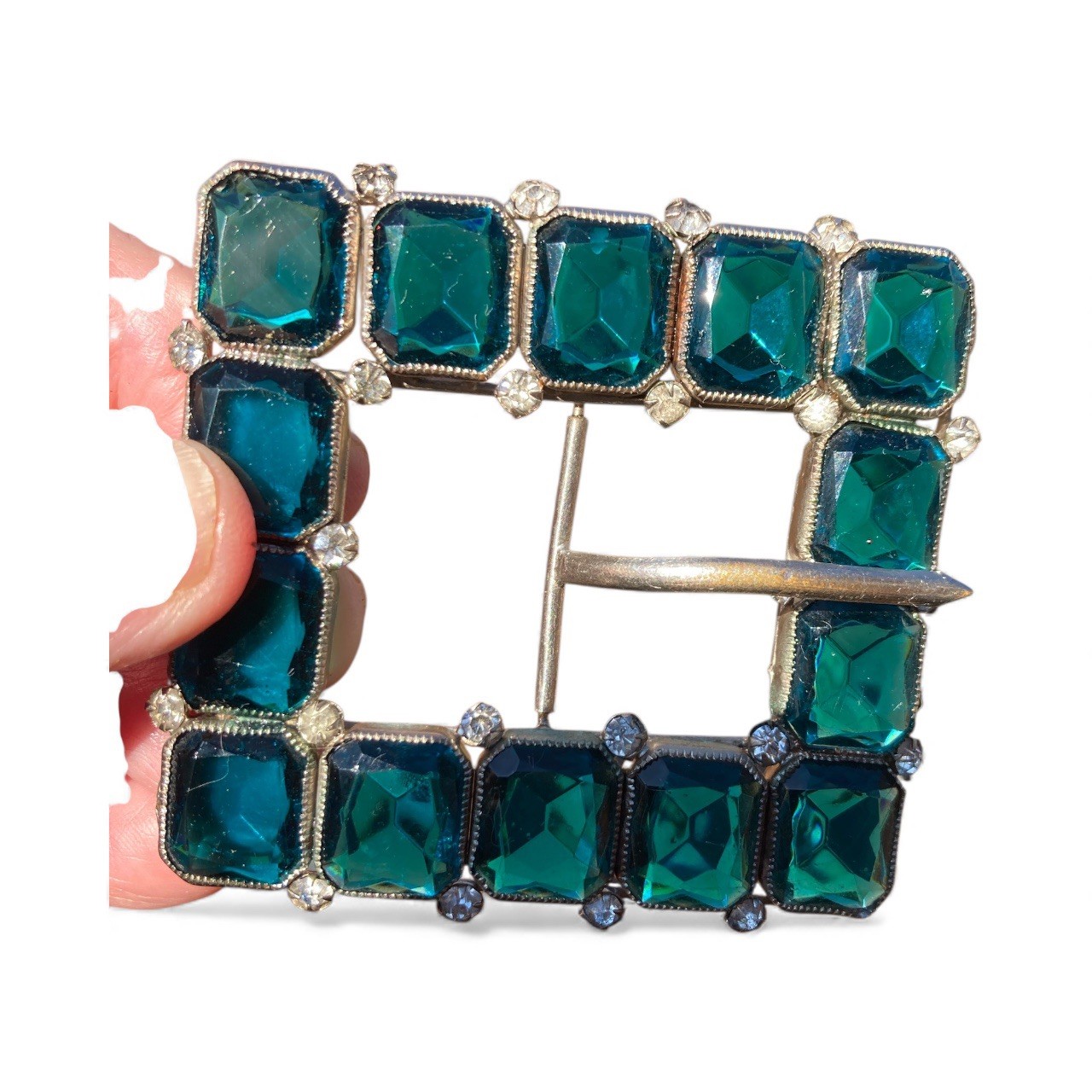 Antique Vintage 30s Deco Large Czech Aquamarine Glass Belt Buckle