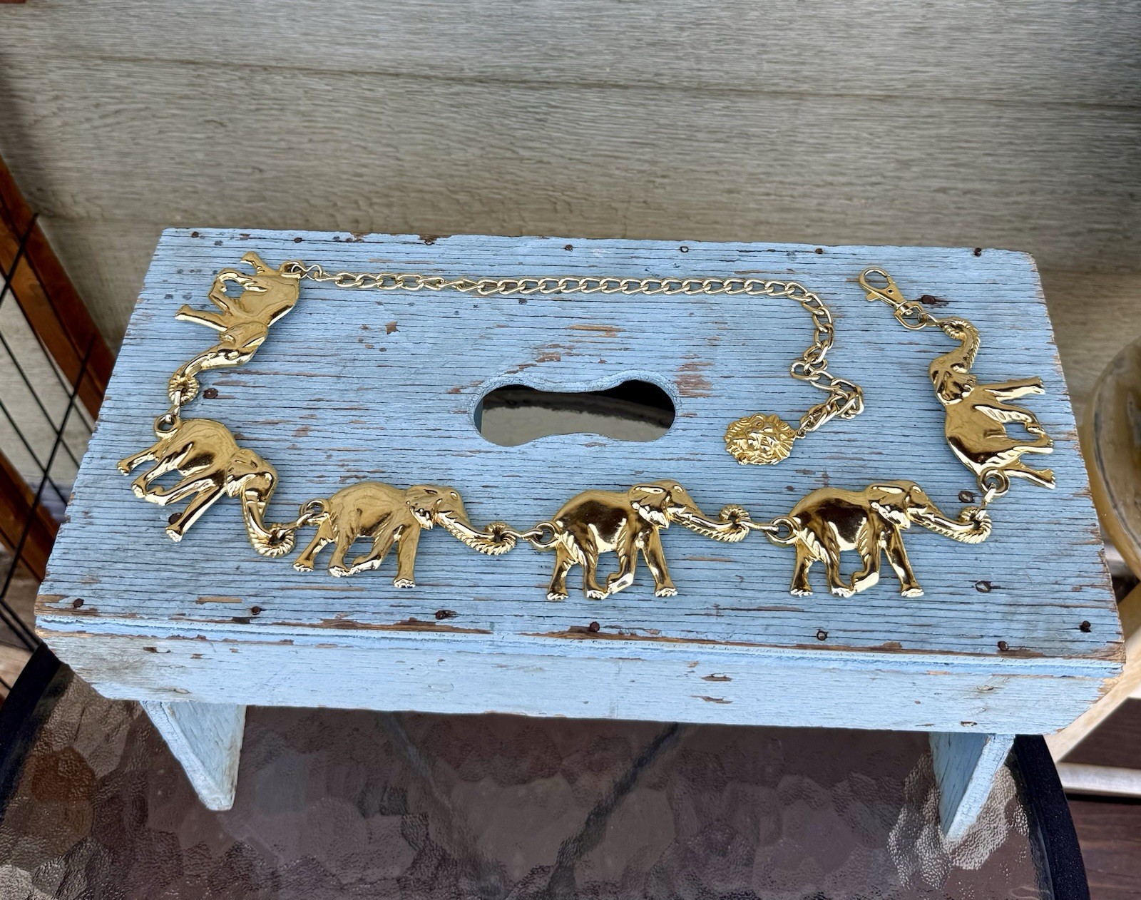 Vintage 1980’s Heavy Metal Gold Toned Anne Klein Linked Elephant Belt Lion Logo
