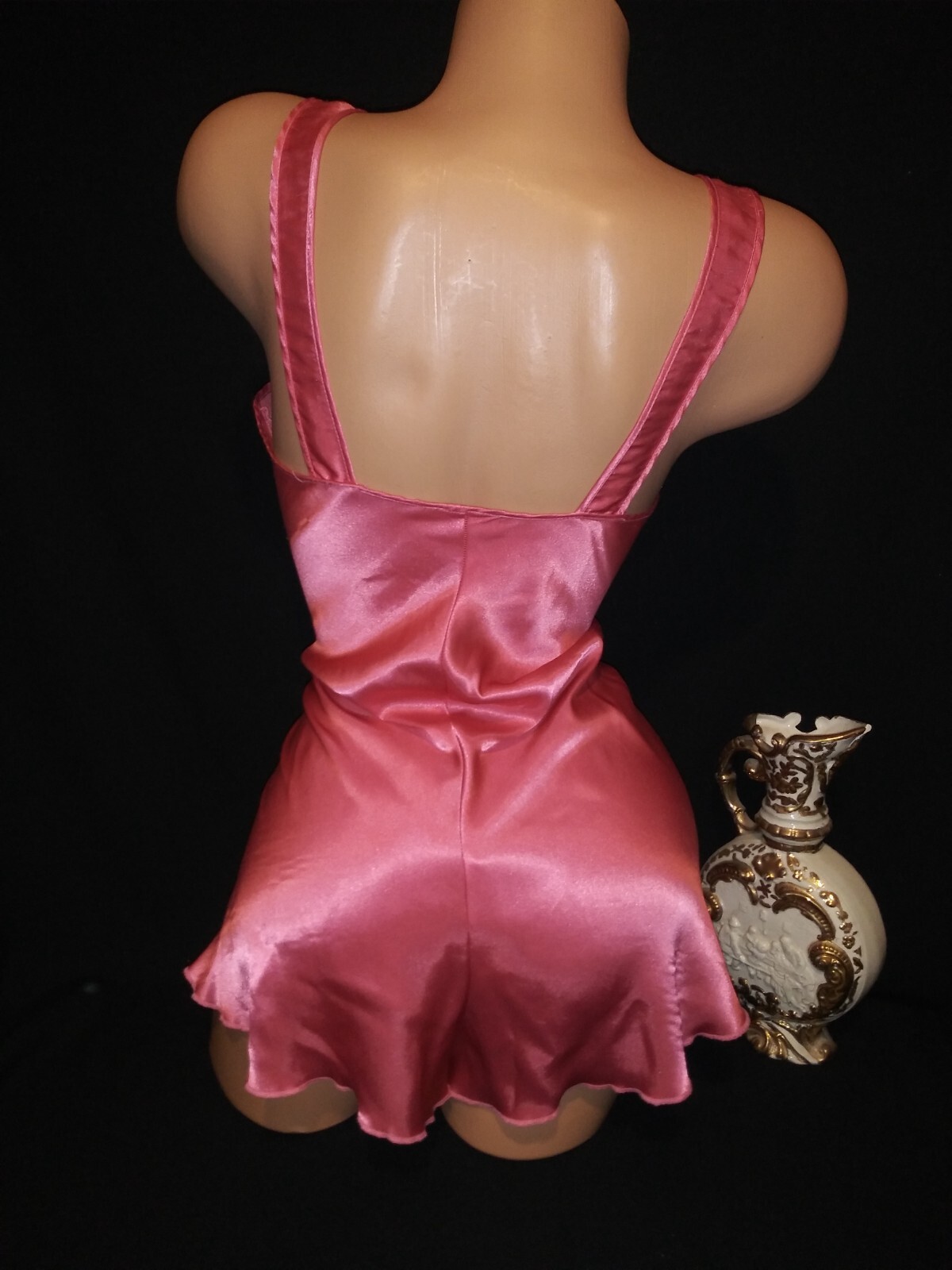 Vtg Satin Soft Salmon PInk Romper Teddy jumpsuit Tux Nightie Bodysuit one piece