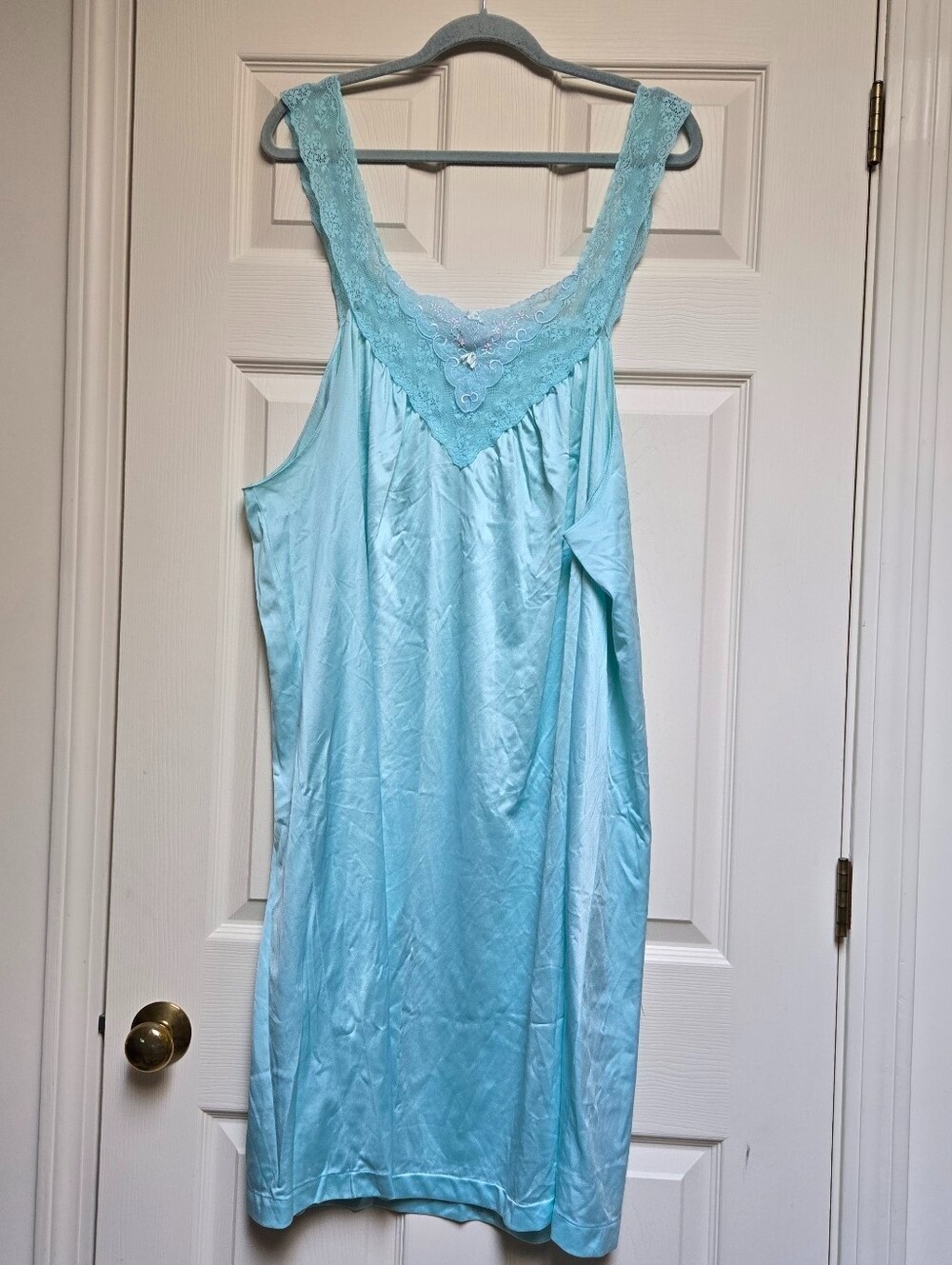 Vintage Vanity Fair Blue Nylon Nightgown Size XXL Made in USA Lace Negligee