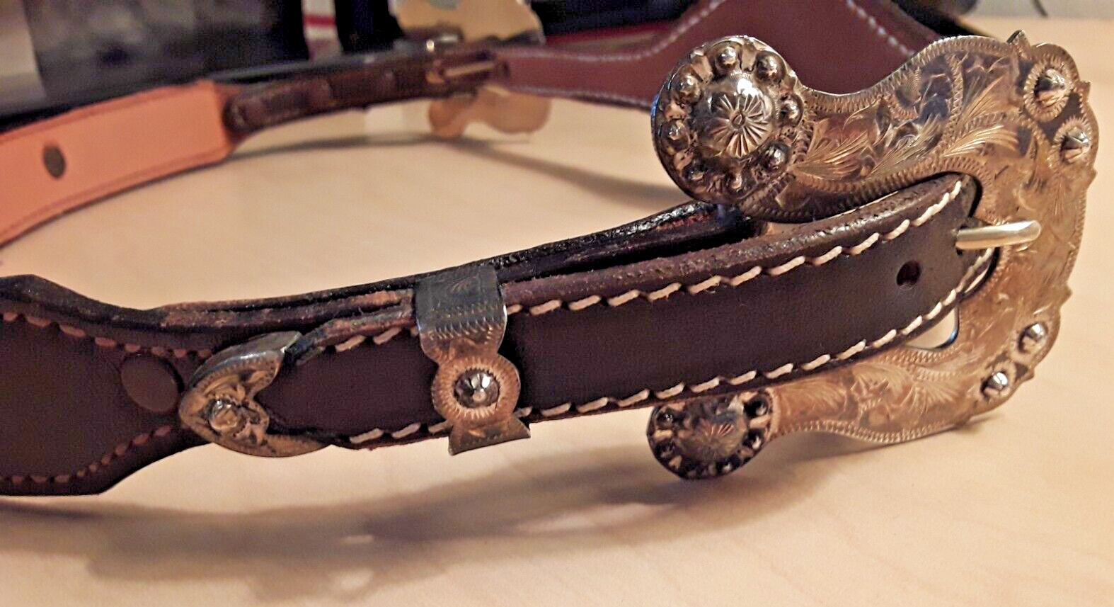 VTGWestern leather belt~Sterling Silver Double Buckle 1.5″ x 24-34″ VOGT Conchos