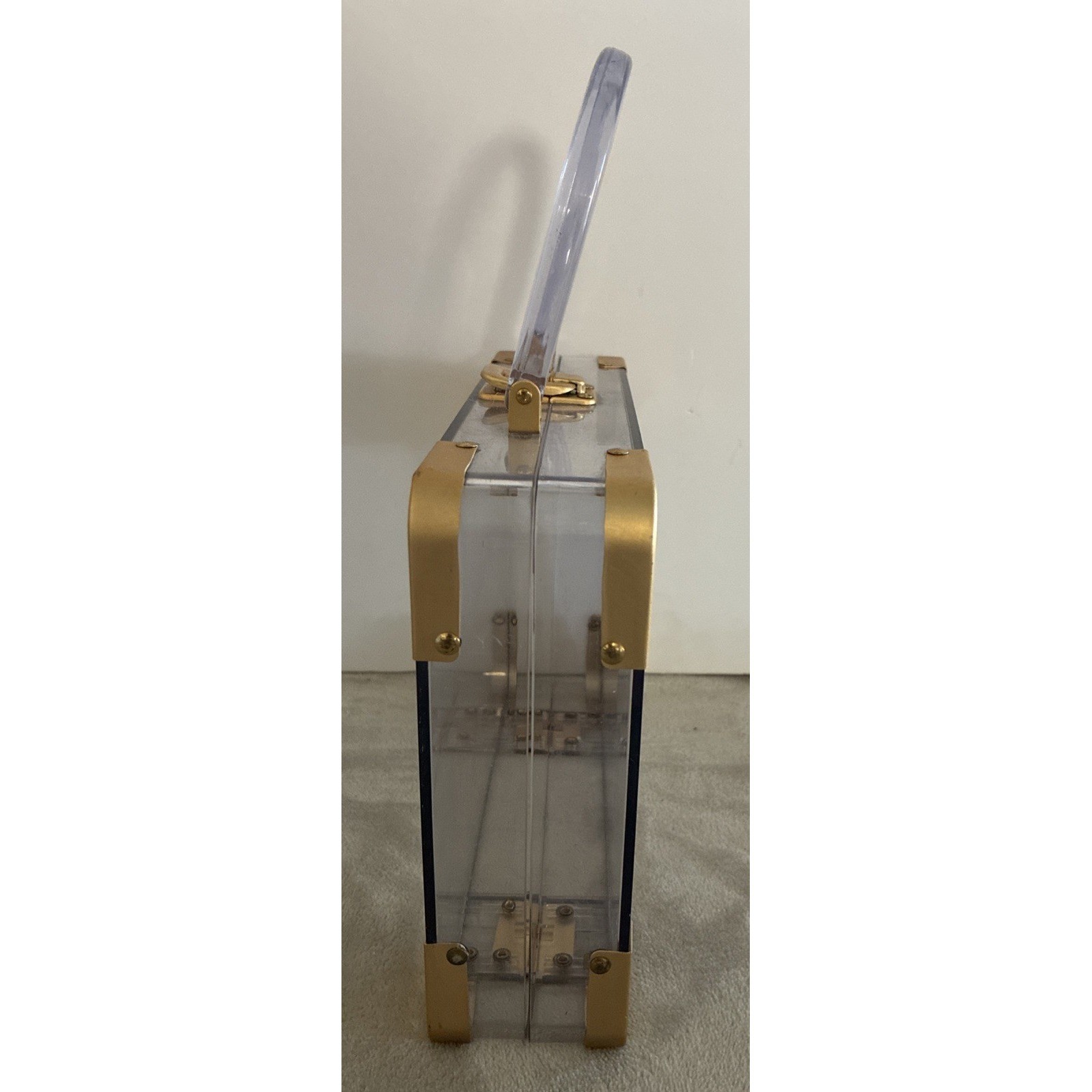 Vintage Clear Lucite Acrylic Box Purse 9.5×7.5×2.5″ Gold Hardware