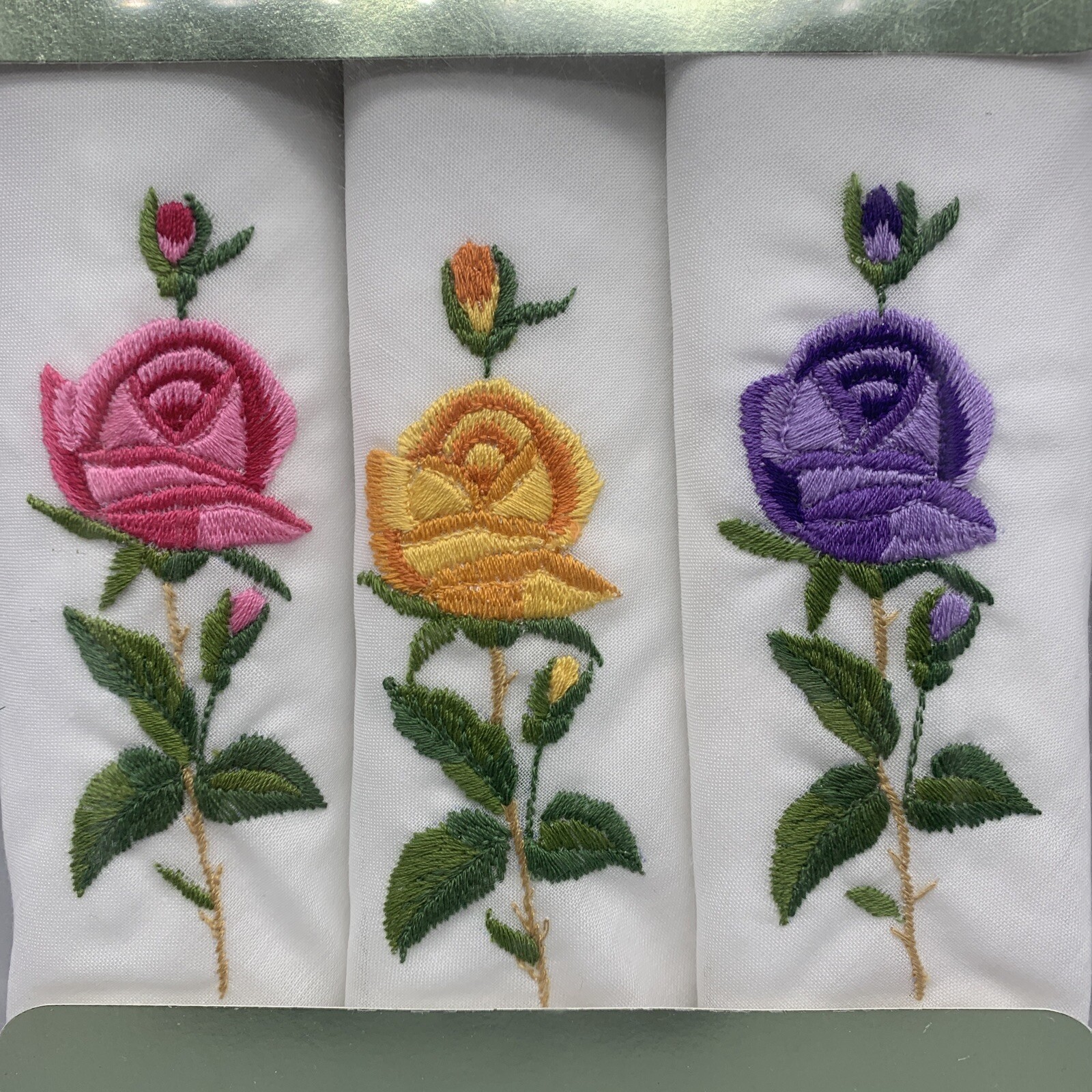 Vintage Embroidered Cotton Handkerchiefs Yellow Pink Purple Floral Box of 3 New