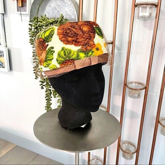 Vintage Union Made Toque Netted Hat Velvet Floral Green Brown Yellow White