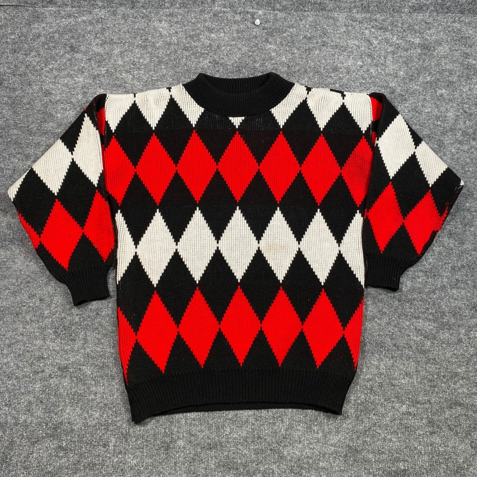 Vintage Garan by Marita Mens Red Black White Argyle Knit Sweater Large USA Made