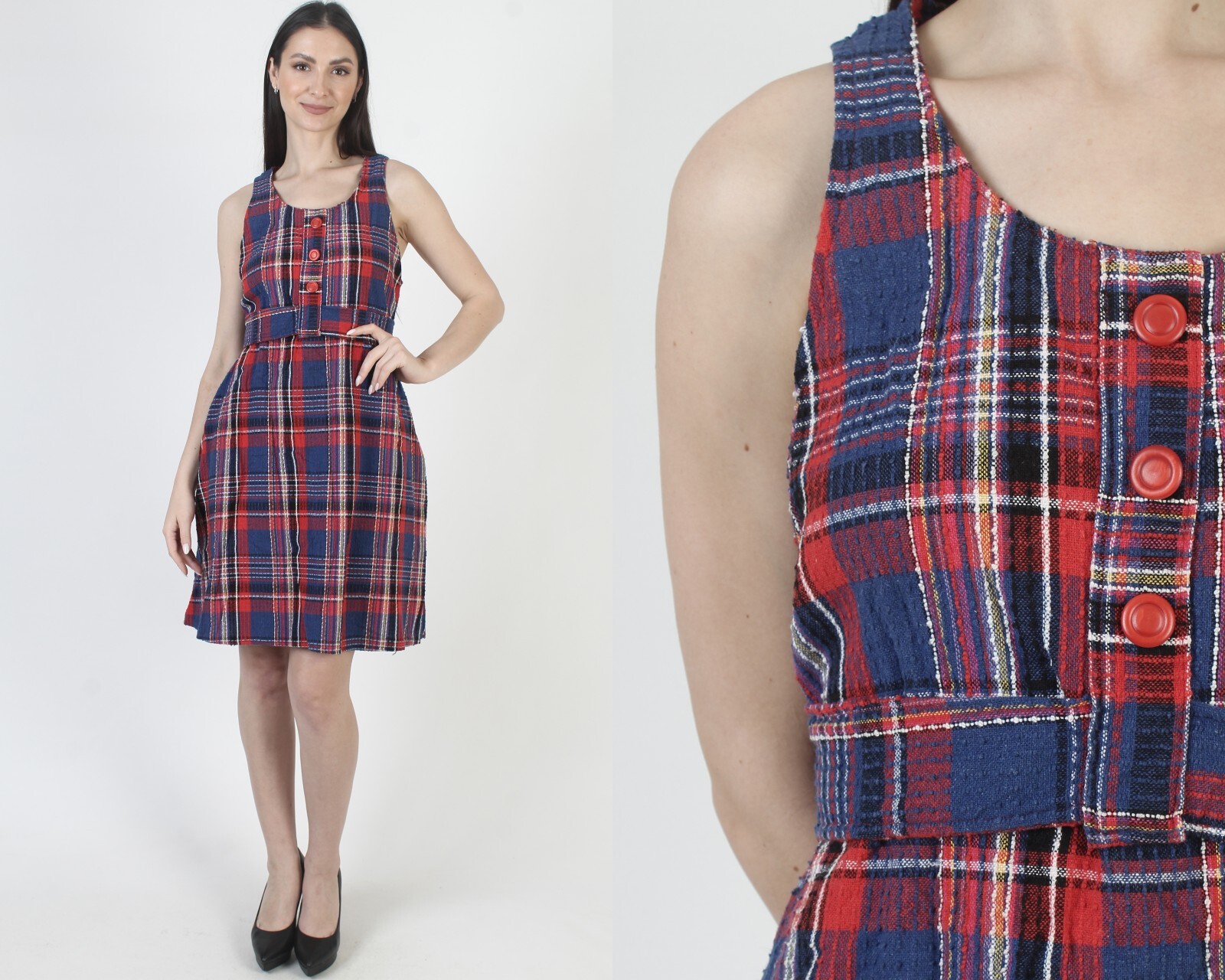 Vintage Americana Plaid Dress Nubby Cotton Madras Picnic Pockets 70s Sundress