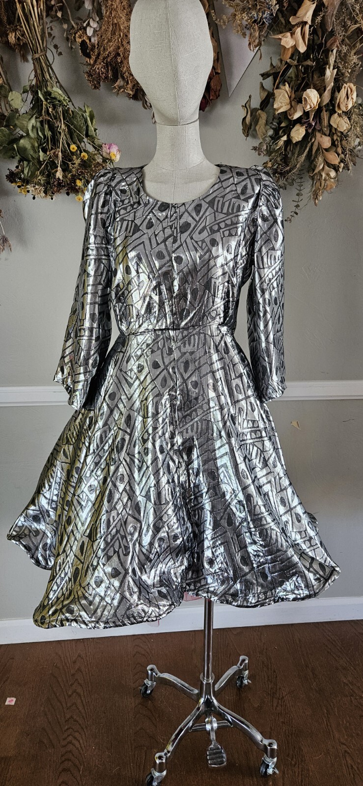 Vintage 1970s Silver Metalic Lamè Custom Dress With Wired Hem