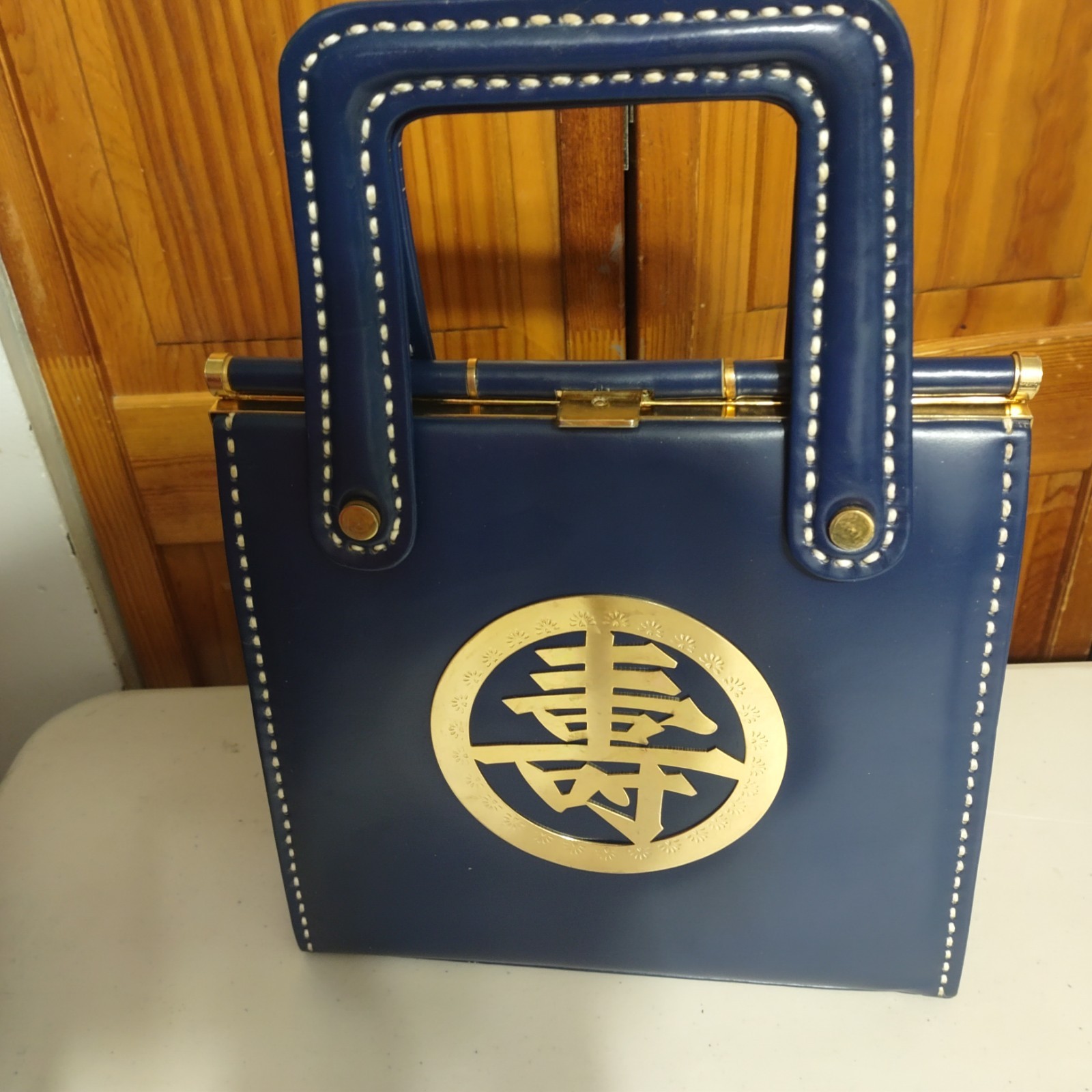 1960s Blue Leather Handbag With Gold Disk, Gold and Blue Top Handle Bag
