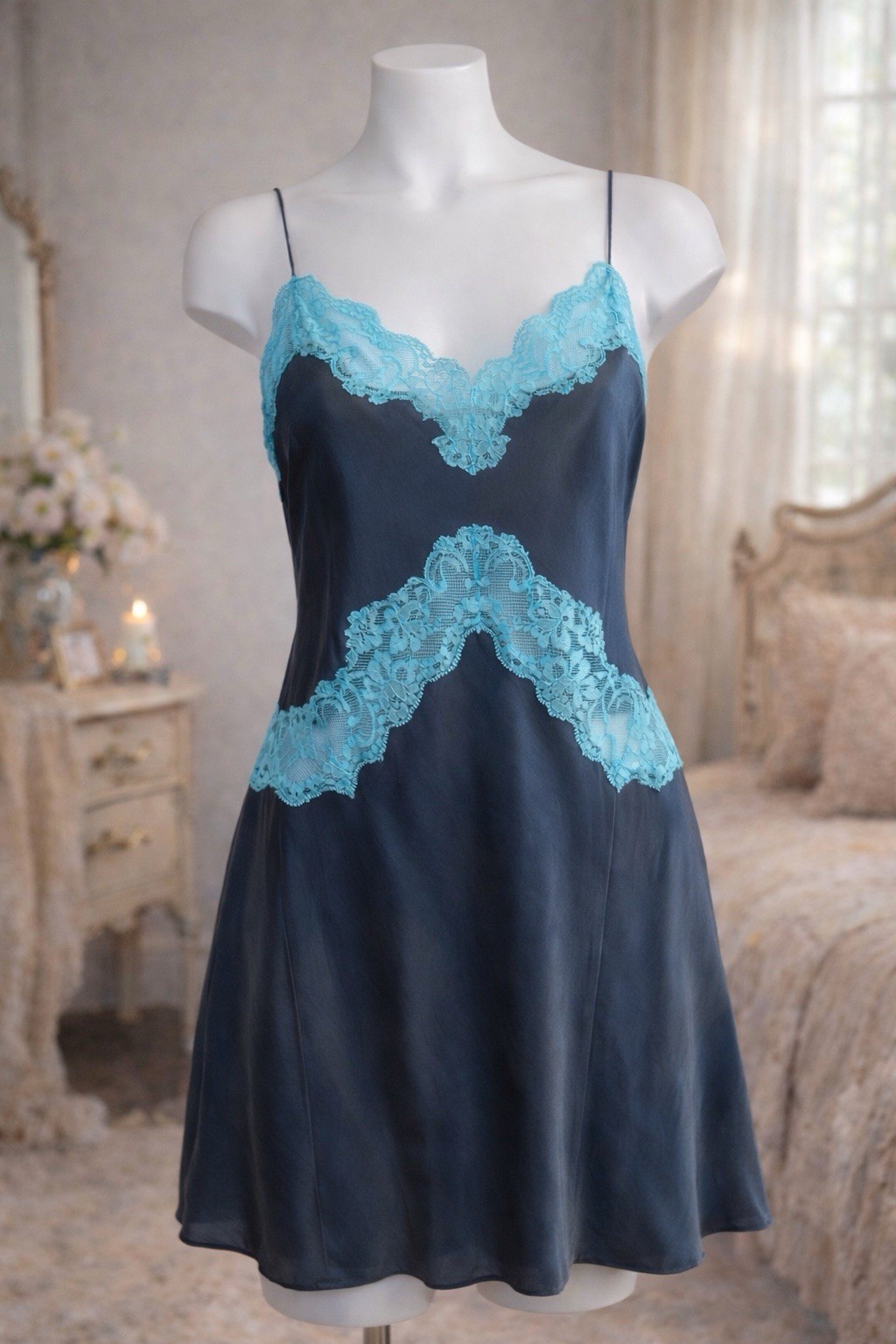Y2K Victoria’s Secret 100% Silk Slip Nightgown Chemise Slip Blue Lace M 2003