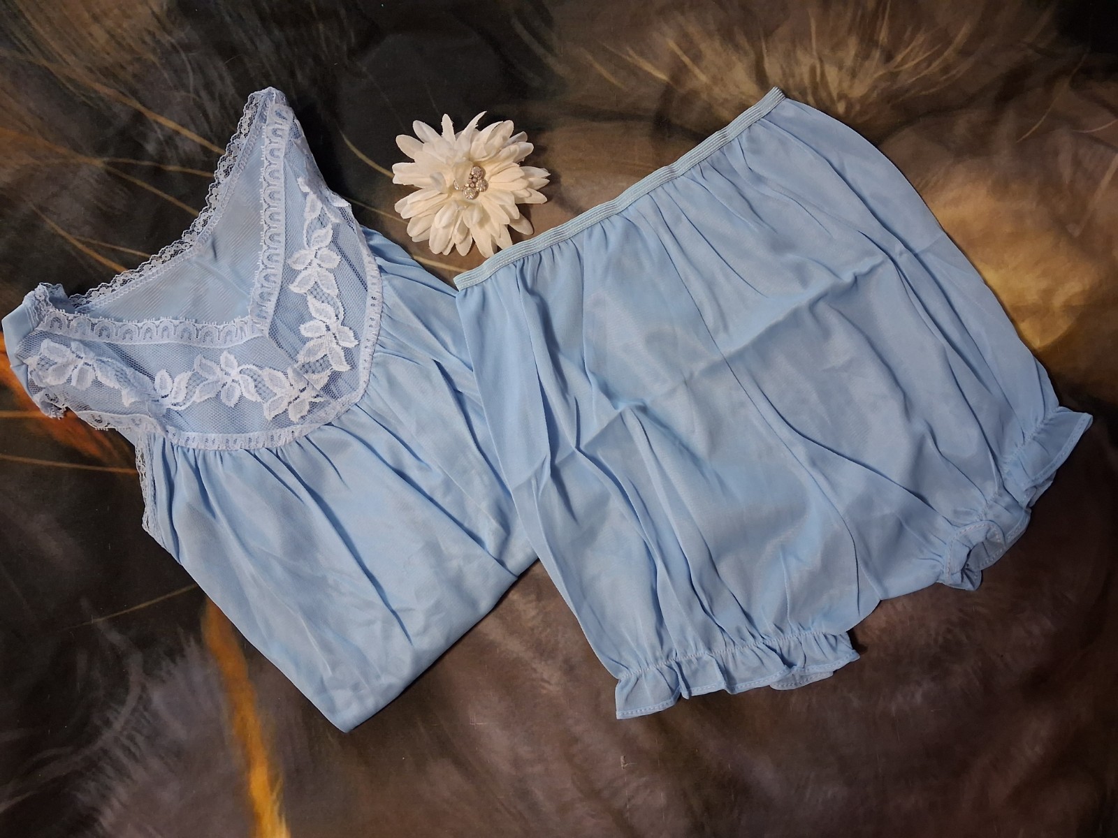 Vintage 60s Babydoll Bloomers Set M Blue Acetate Lace Ruffle Sissy Vtg Lingerie
