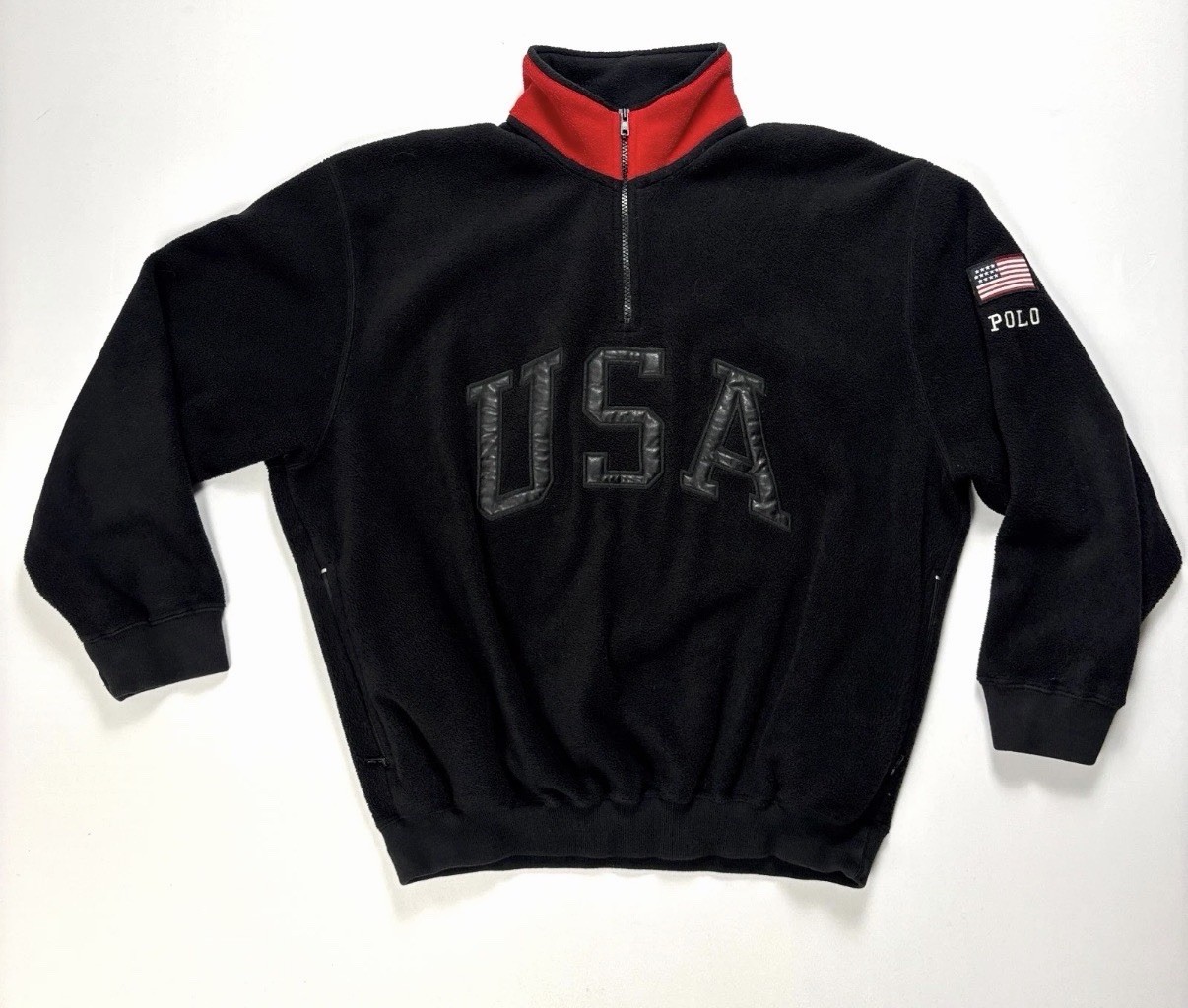 Vintage Polo Sport Ralph Lauren Mens USA 1/4 Zip Fleece Jacket Black Medium Flag