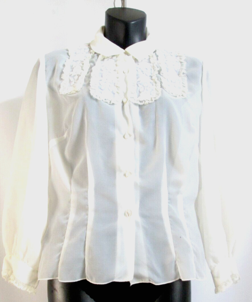VTG Weber Original Semi-Sheer Nylon Blouse Off White Sz 14/34 Lace & Embroidery