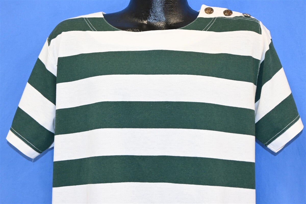 vtg 90s STRIPED WHITE GREEN BOAT NECK EMBELLISHED SHOULDER WOMEN’S t-shirt M