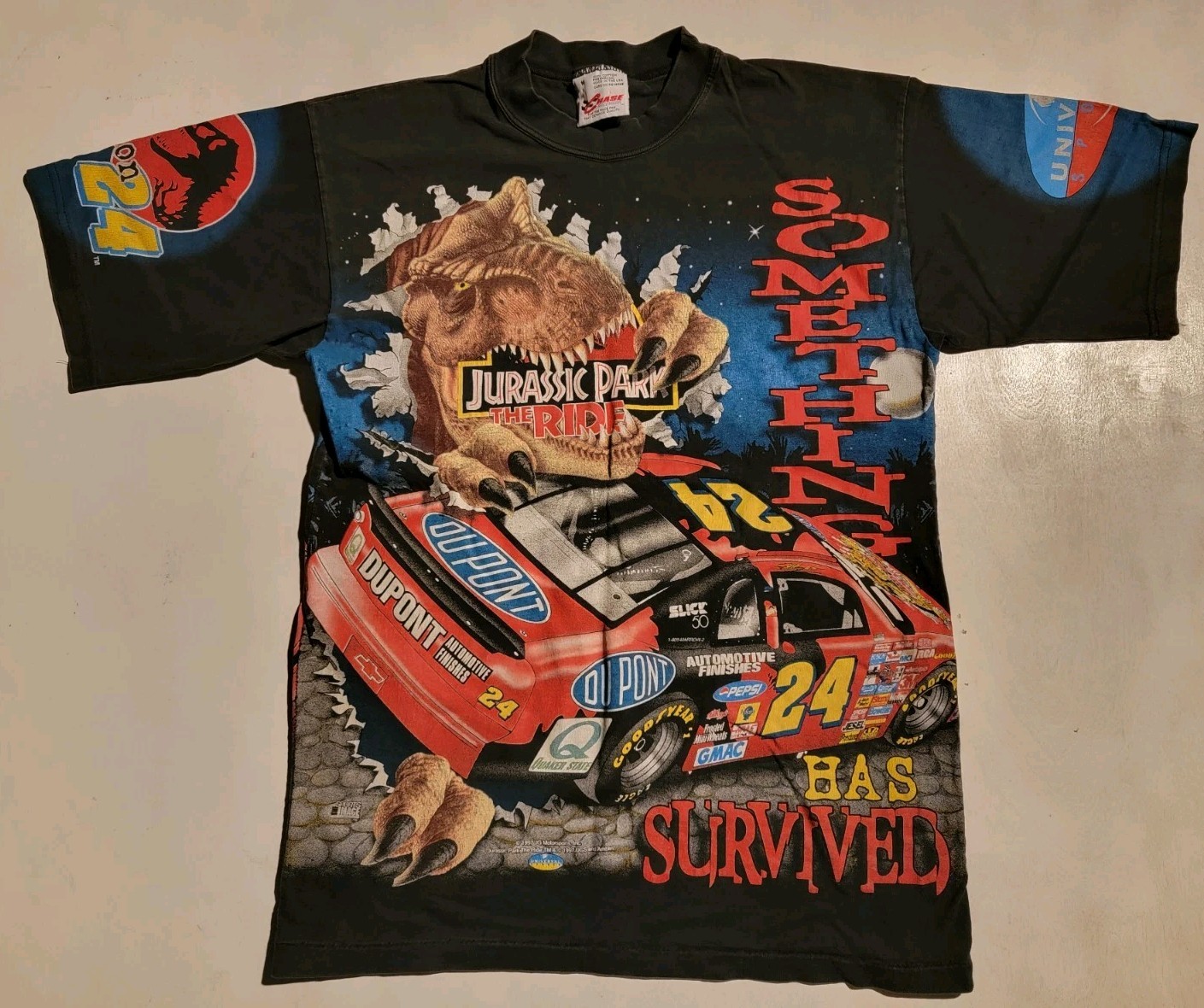Vtg 90’s Nascar Jurassic Park The Ride AOP T Shirt Jeff Gordon 1997 VGC SZ M LG