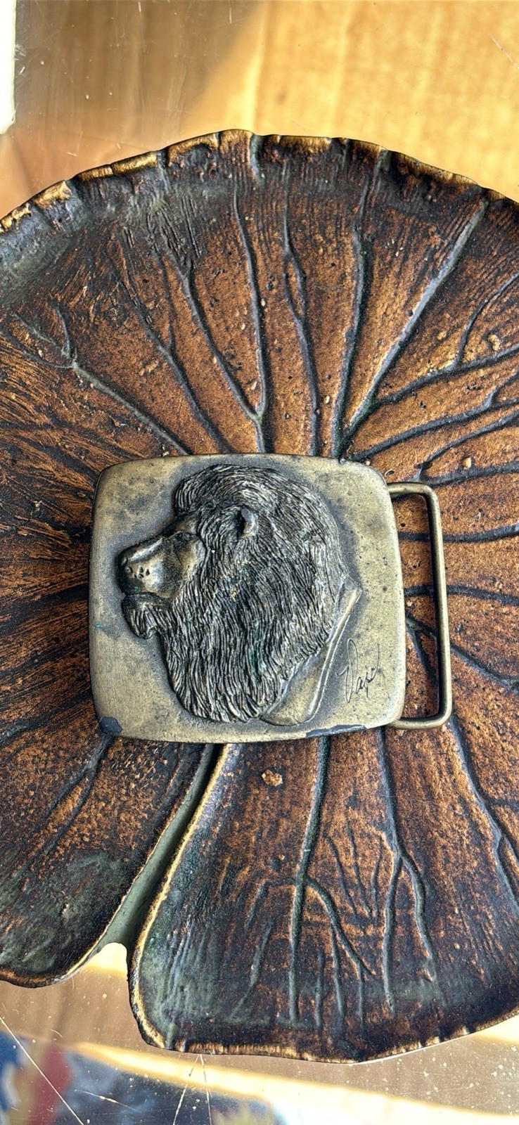Vintage 1977 Lewis Corp Pewter Tone Lions Head Belt Buckle