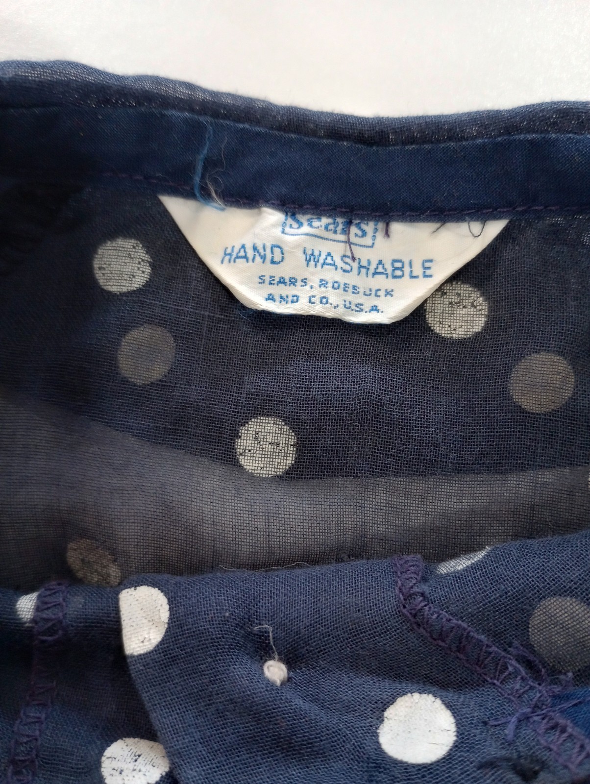 Vintage Sears Blouse Blue with White Polka Dots Button Up Long Sleeve Collar