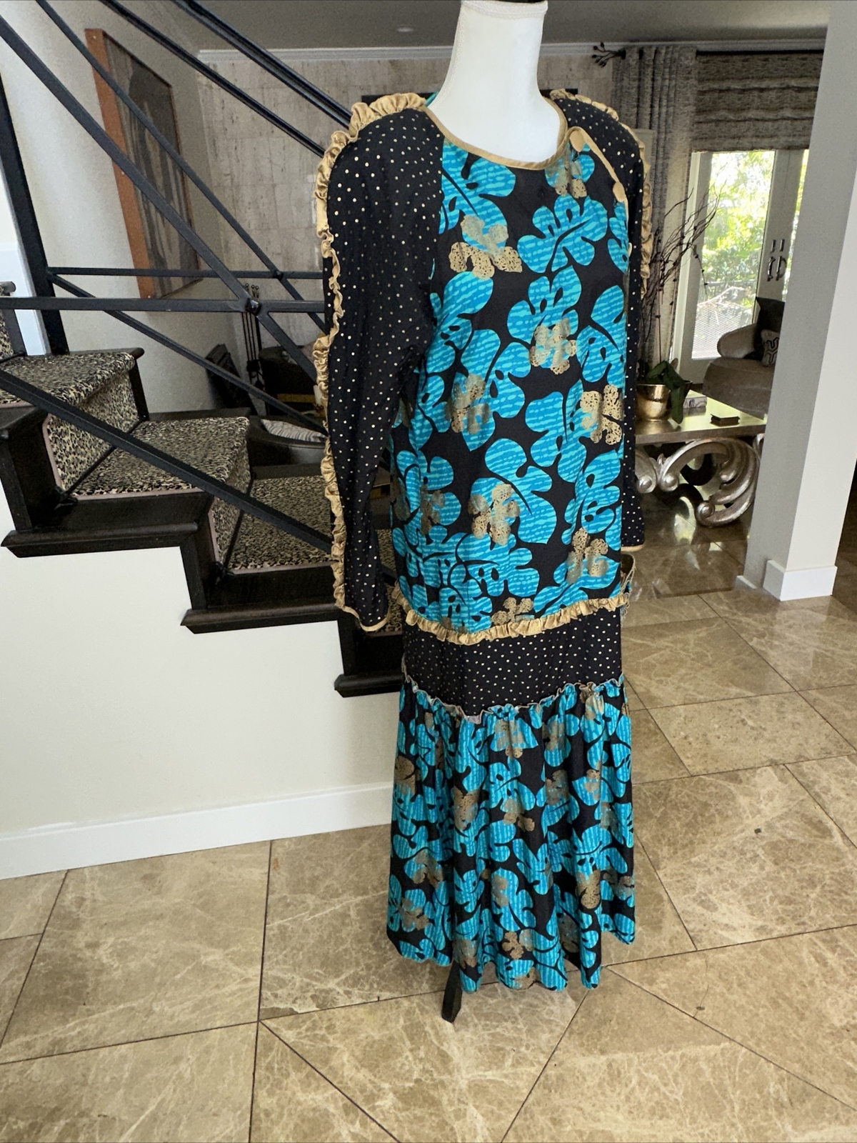 Jeanne Marc 80s Outstanding Black Blue Gold Metallic Print Rayon Maxi Dress M