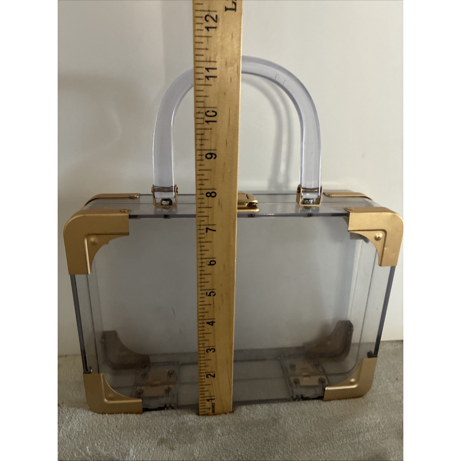 Vintage Clear Lucite Acrylic Box Purse 9.5×7.5×2.5″ Gold Hardware