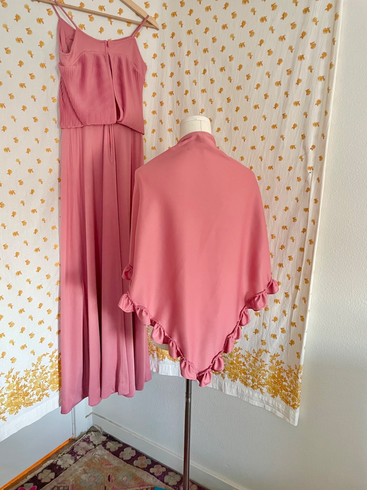 Vintage 70s Sears Dusty Rose Maxi Prom Dress Shawl Set Size 6 Formal