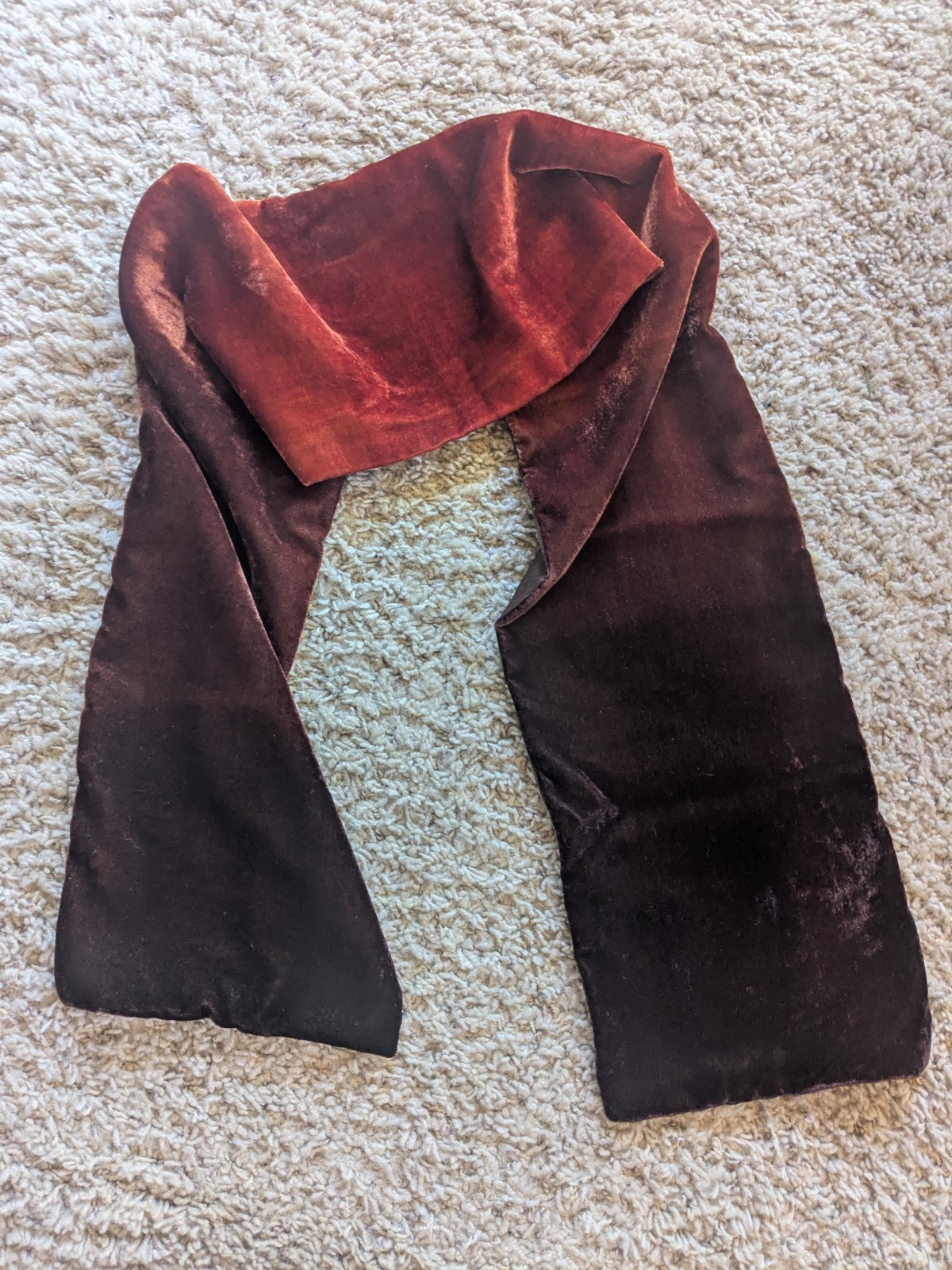 Vintage 90s rayon velvet brown rust ombre scarf /silk satin reverse 7″x 54″ boho