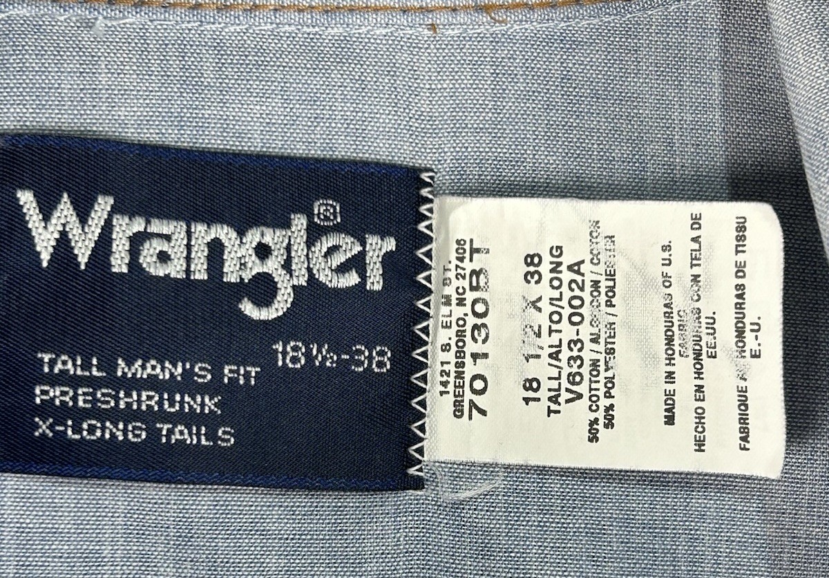 Vtg Wrangler Blue Chambray Denim Pearl Snap Shirt 18.5 X 38 Tall Man X Long Tail