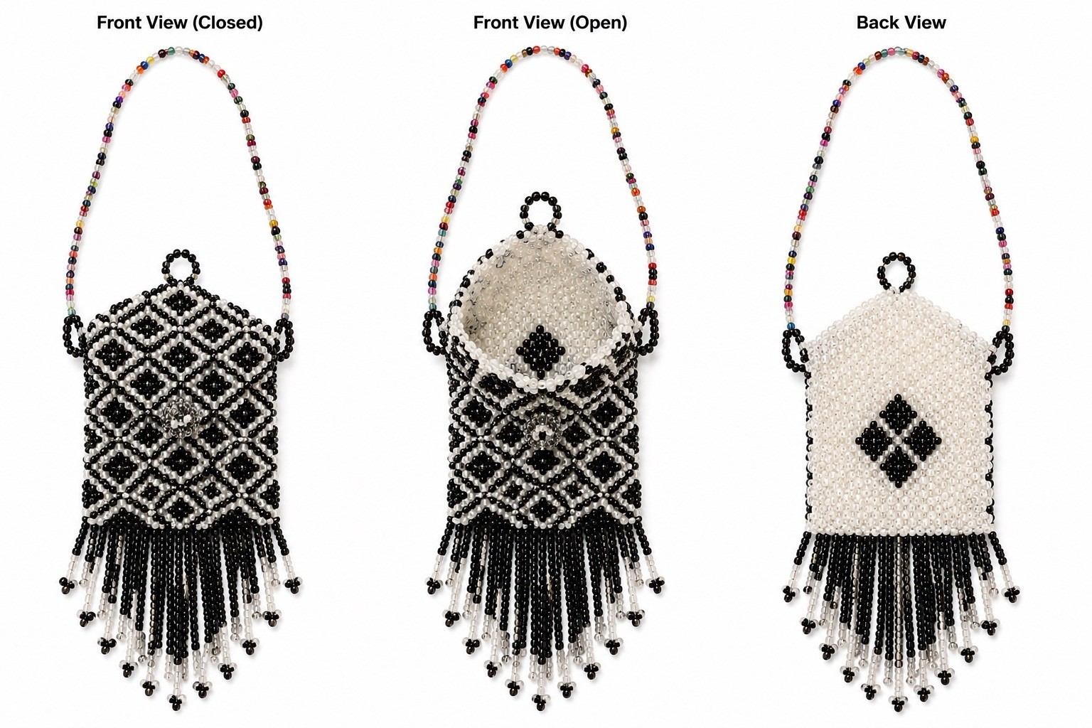 Vintage Handmade Black White Beaded Neck Pouch Medicine Bag Fringe Necklace