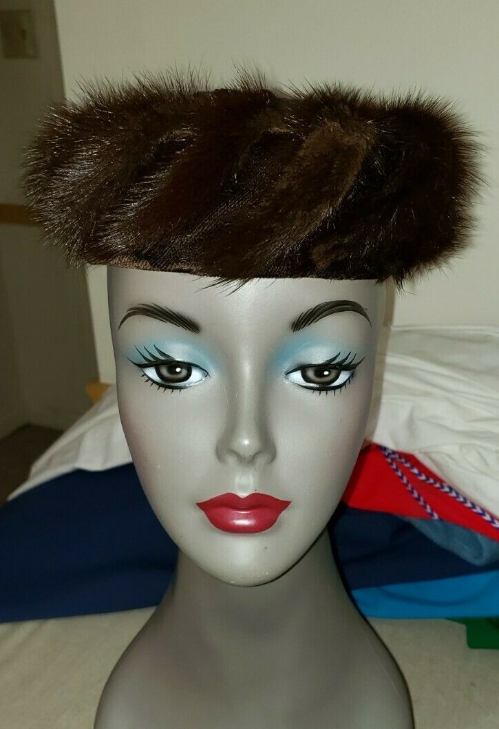 VINTAGE MINK PILLBOX HAT SATIN RIBBON CROWN ESTATE FIND
