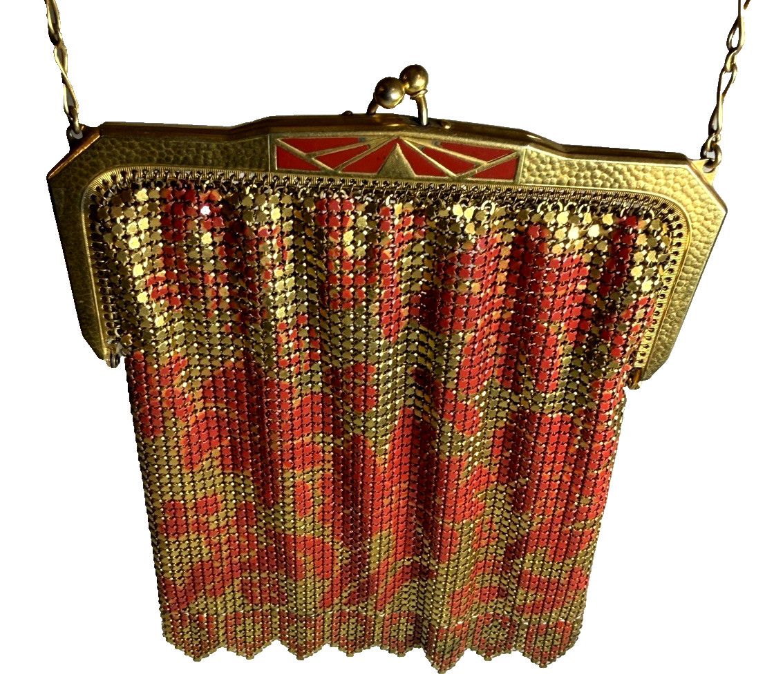 VTG Whiting and Davis Red and Gold Enamel Flower Metal Mesh Evening Bag Flapper