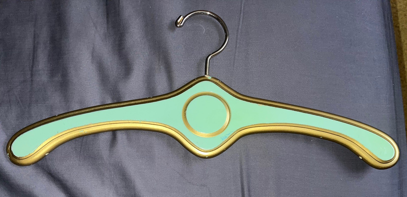 Vintage Hollywood Regency MCM Wooden Clothes Hanger Seafoam Green W/ Gold Trim