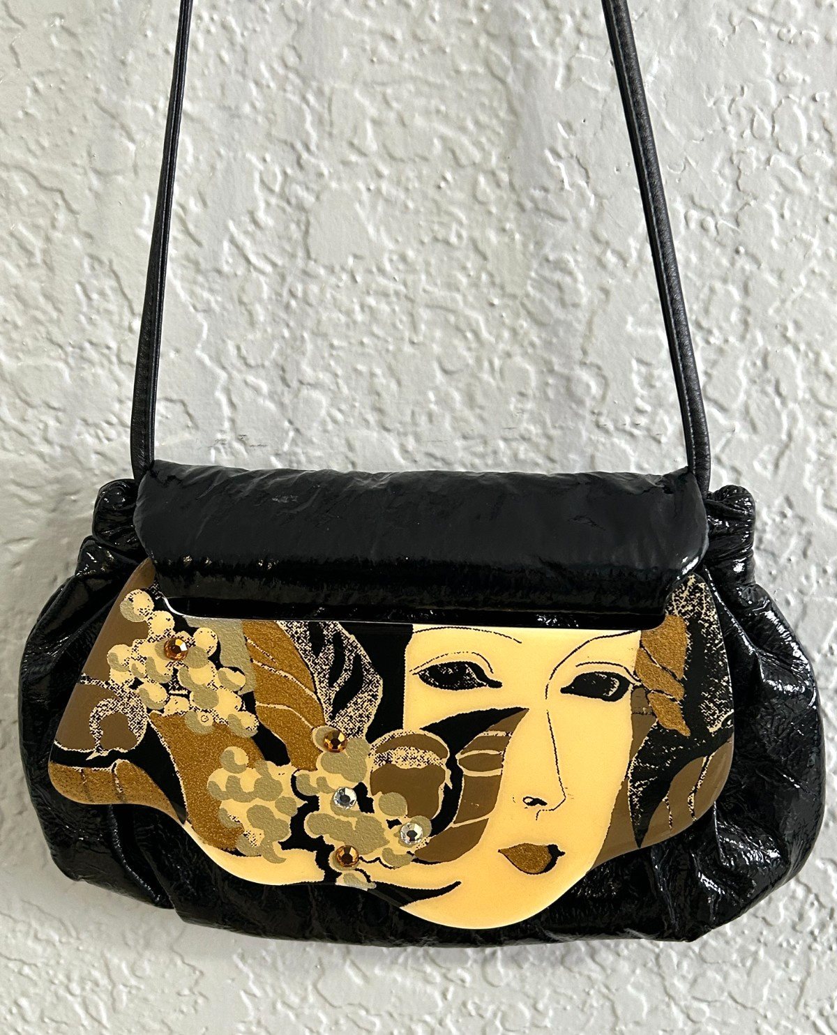 Vintage Patricia Smith Black Moon Art Deco Bag Hand Painted Designs Lacquer.