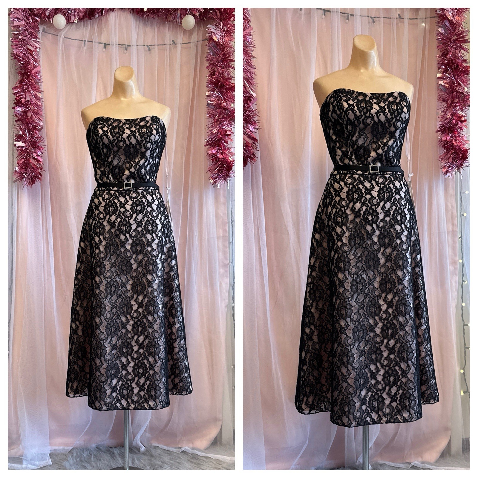 Vintage Y2K 2000s Mori Lee Black Pink Lace Tea Dress Strapless 50s Inspo M